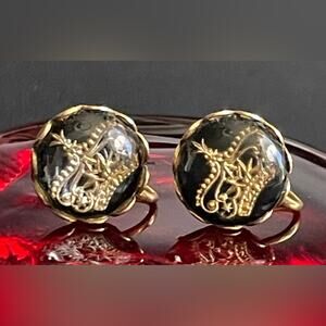Pair Midcentury Lucite Royal Crown Screw Back Clip on Earrings Black & Gold Tone